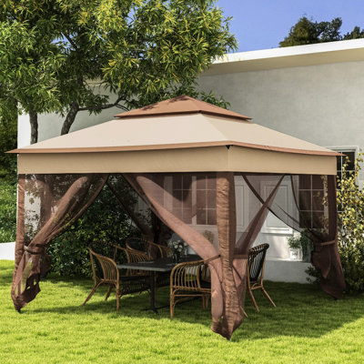 Abri escamotable 11 'X. Pavillon de jardin extérieur avec filet amovible. Tente instantanée pour le plaisir du patio. Kaki. Fabrication stable en métal double. Amusez-vous à l'extérieur dans la cour détachable.