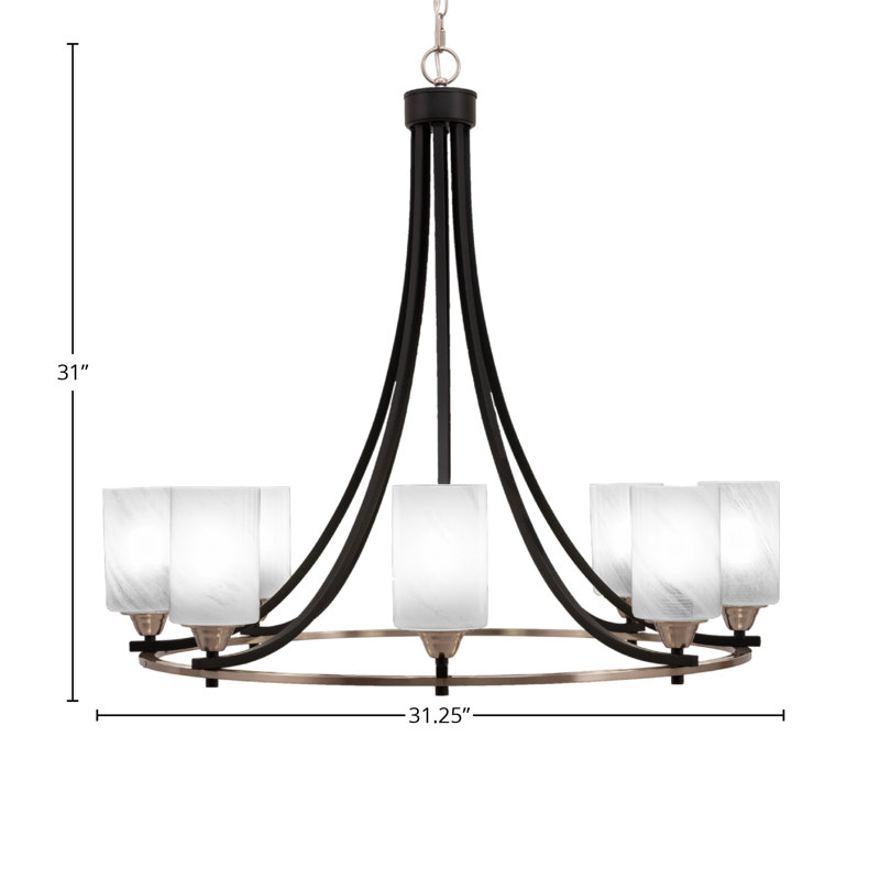 Lustre 8 lumières avec verre marbré blanc 4 "Cardarius Paramount, H 31 po x l 31,25 po x P 31,25 po