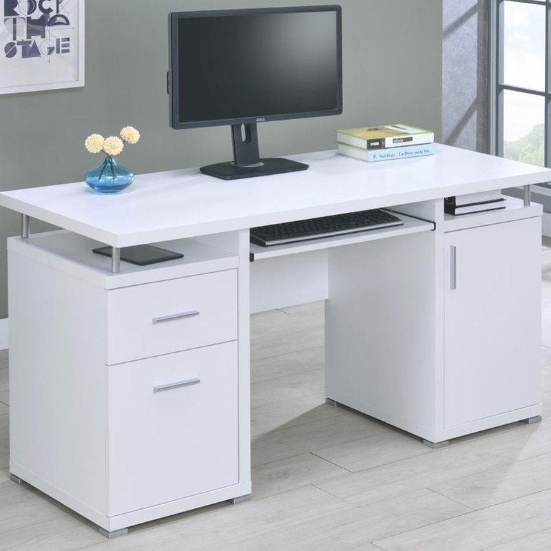 Table d'ordinateur de bureau 55 po avec 2 tiroirs, finition blanche, ornements en métal, garniture de 55 po de rangement abondante, nombreuses options offertes