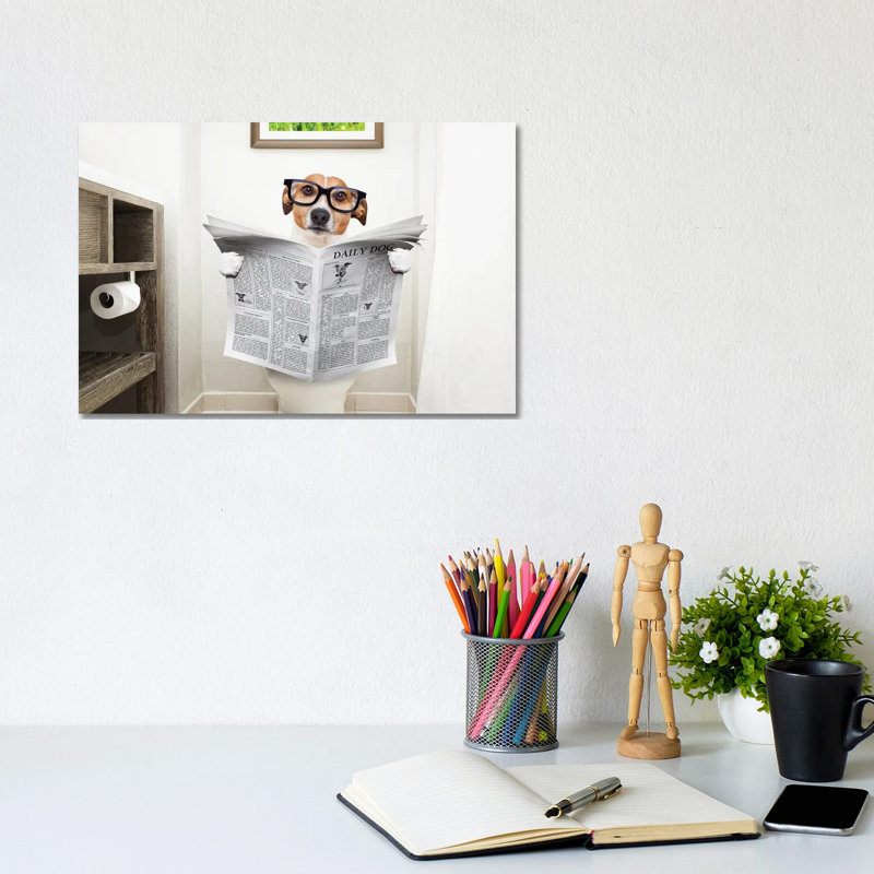 Dog on Toilet Seat Reading Newspaper I 1 Piece Wall Art on Canvas, 20.32cm H x 30.48cm W x 1.91cm D, Wrapped Canvas