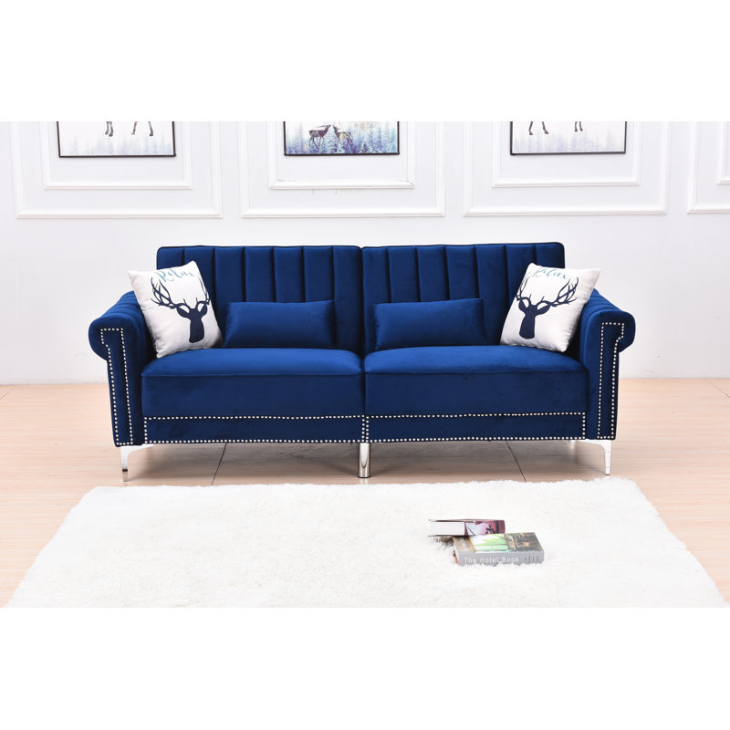 Ermera 85" Velvet Round Arm Sleeper Sofa, Blue