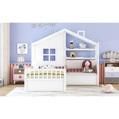 Twin Size House Bed With Sofa, Kids Platform Bed With Two Drawers And Storage Shelf, White