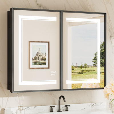 Kassady Recessed & Surface LED Lighted Bathroom Medicine Cabinet, 3-Color, 2 Outlets, Defog Mirror