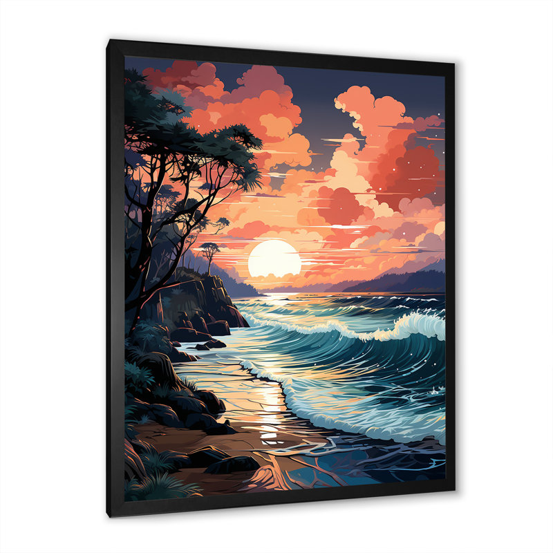 Coucher de soleil orange sur une plage audacieuse II - art mural plage, H 32 po x l 16 po x P 1 po, Cadre photo noir simple