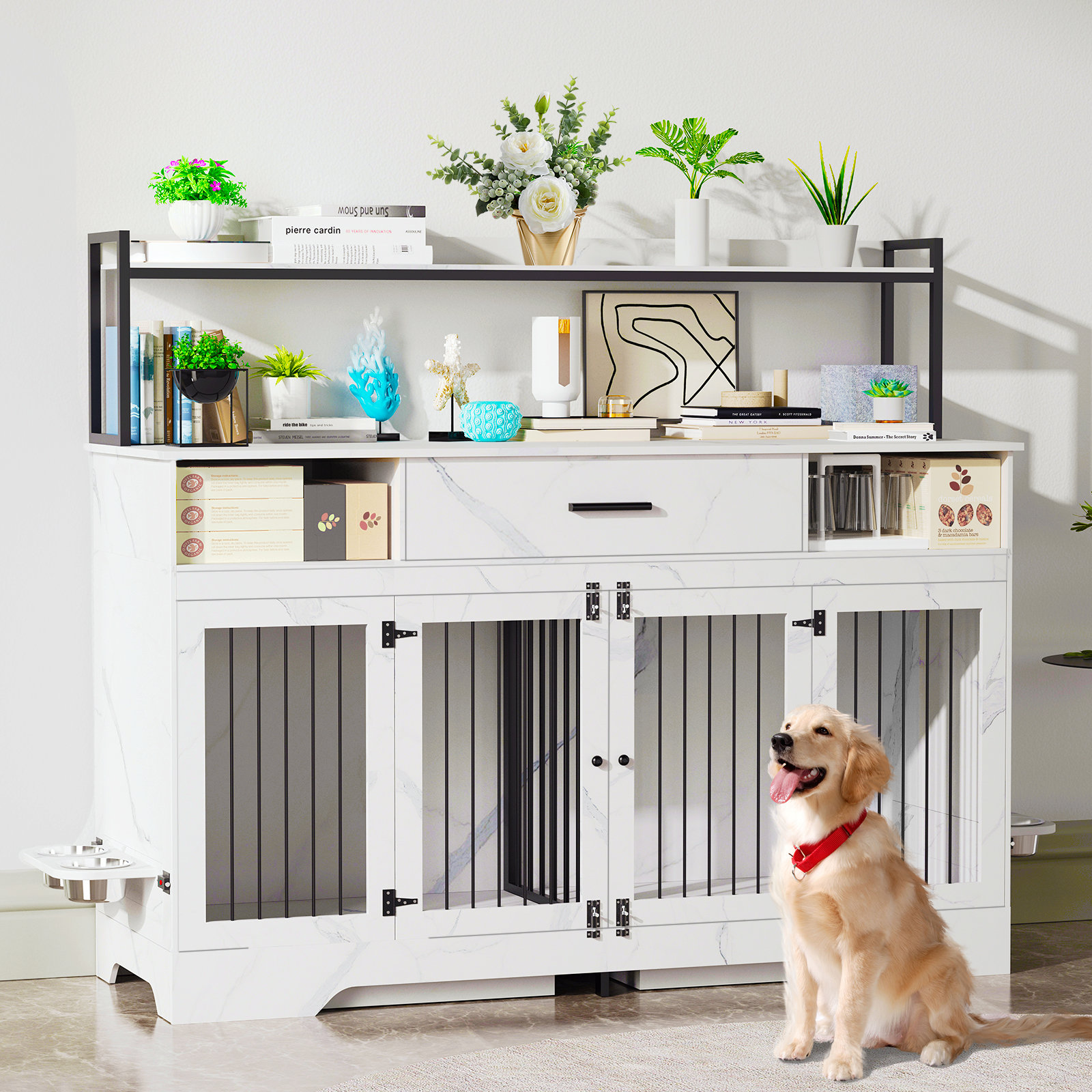 Tucker Murphy Pet™ Large Furniture Dog Crate For 2 Dogs With Divider, Open Storage And Double