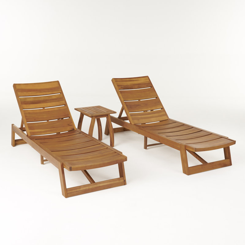 Encinal Outdoor Acacia Wood Chaise Lounge Set with Table, Teak
