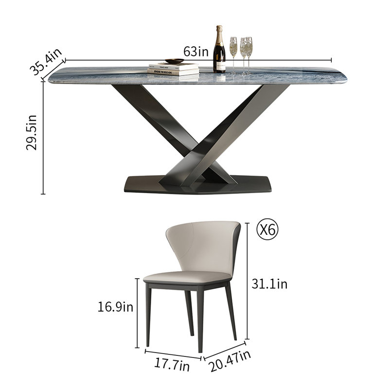 Simple Blue Microlite Rectangular Dining Table Set, 29.5"H x 63"L x 35.4"W