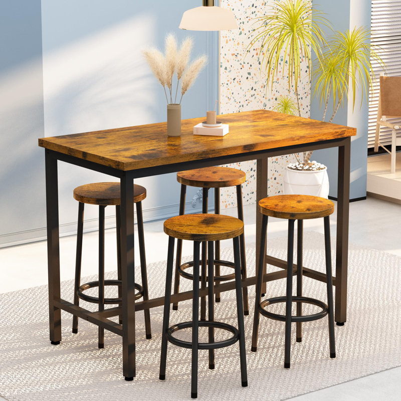 5-Piece Rustic Bar Table Set With 4 Stools - Space-Saving Kitchen Pub Table For Breakfast Nook, Apartment, Bar