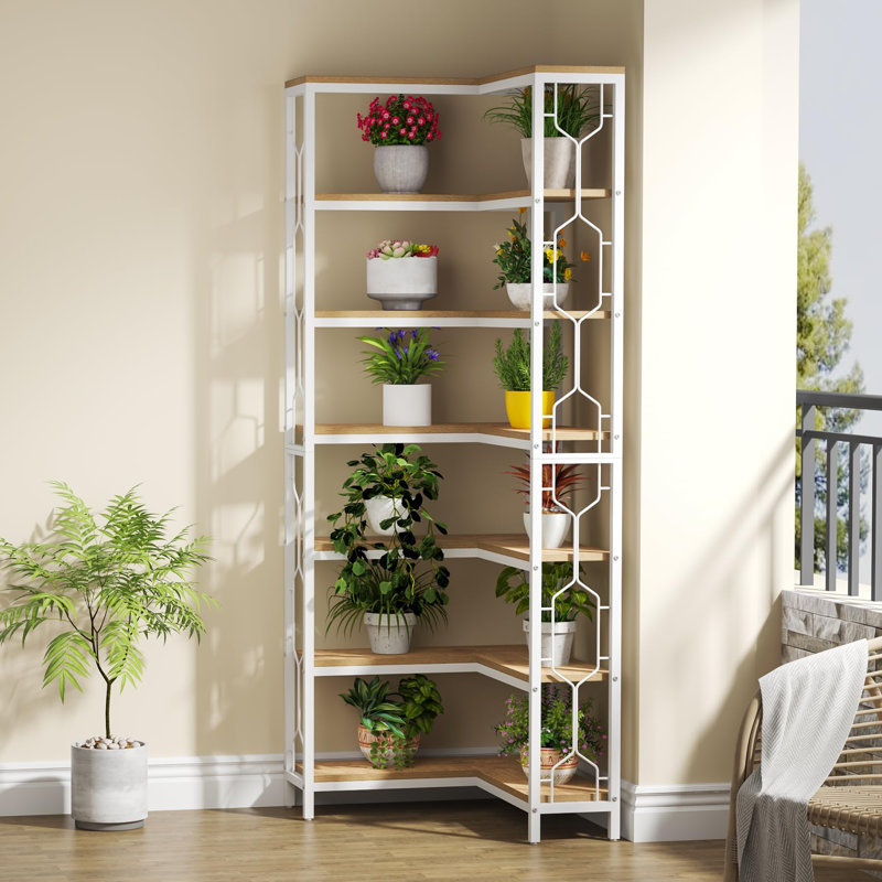 Bibliothèque de coin industrielle à 7 niveaux, structure en métal noir et étagère de coin en bois avec garde-corps, support de rangement autoportant pour le salon, la chambre à coucher et le bureau à domicile