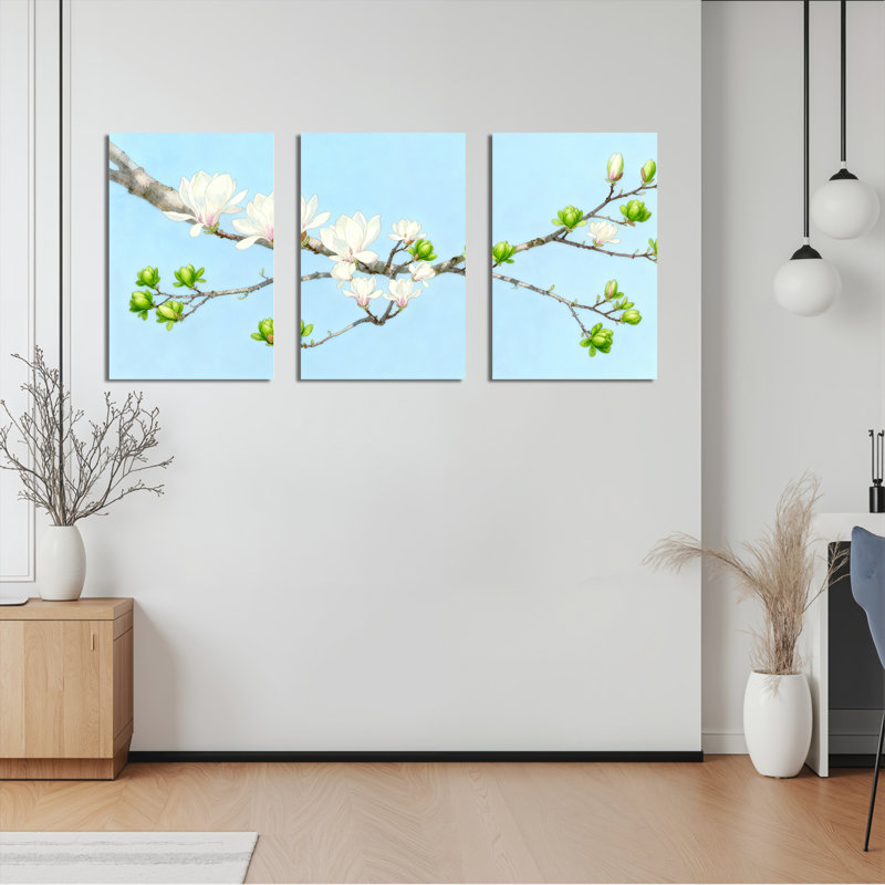 Ensemble de 3 tableaux sur toile représentant des branches de magnolia blanches en fleurs, pour la décoration du salon et de la chambre.