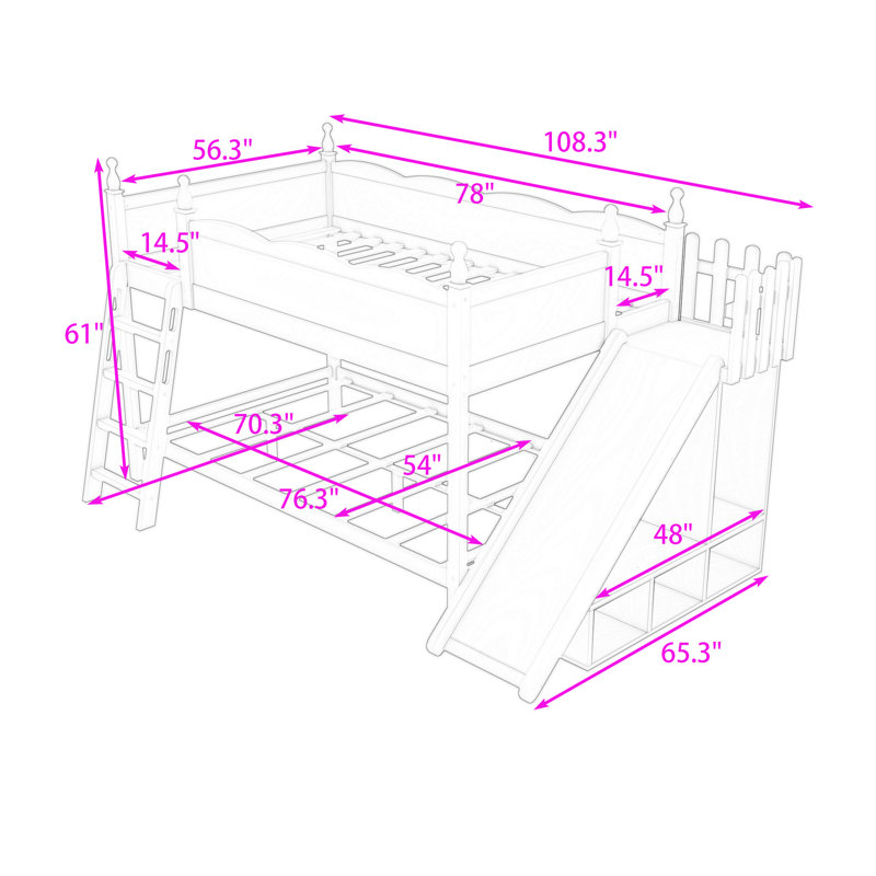 Lit double superposé au dessus d'un lit double avec tablettes, glissoire intégrée et échelle, Blanc rose