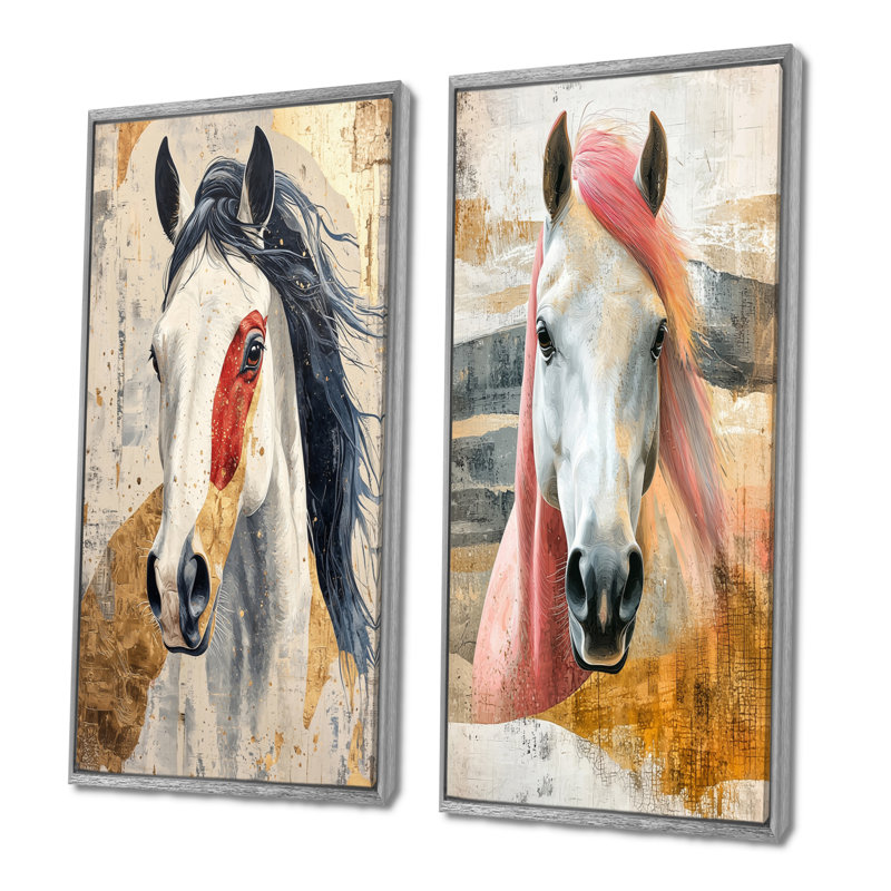 «Native Horse Freedom Unbridled I», art mural 2 panneaux, H 32 po x l 33 po, Encadrement argenté