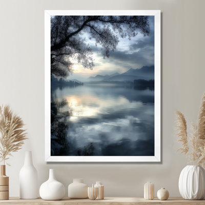 Serene Lake At Dawn With First Light - Lake Framed Wall Art, Blue Landscape Canvas Print