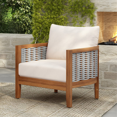 Chaise avec accoudoirs pour l'extérieur avec corde tissée, chaise de patio en bois d'acacia, siège profond avec coussins moelleux pour porche, jardin, cour arrière, balcon
