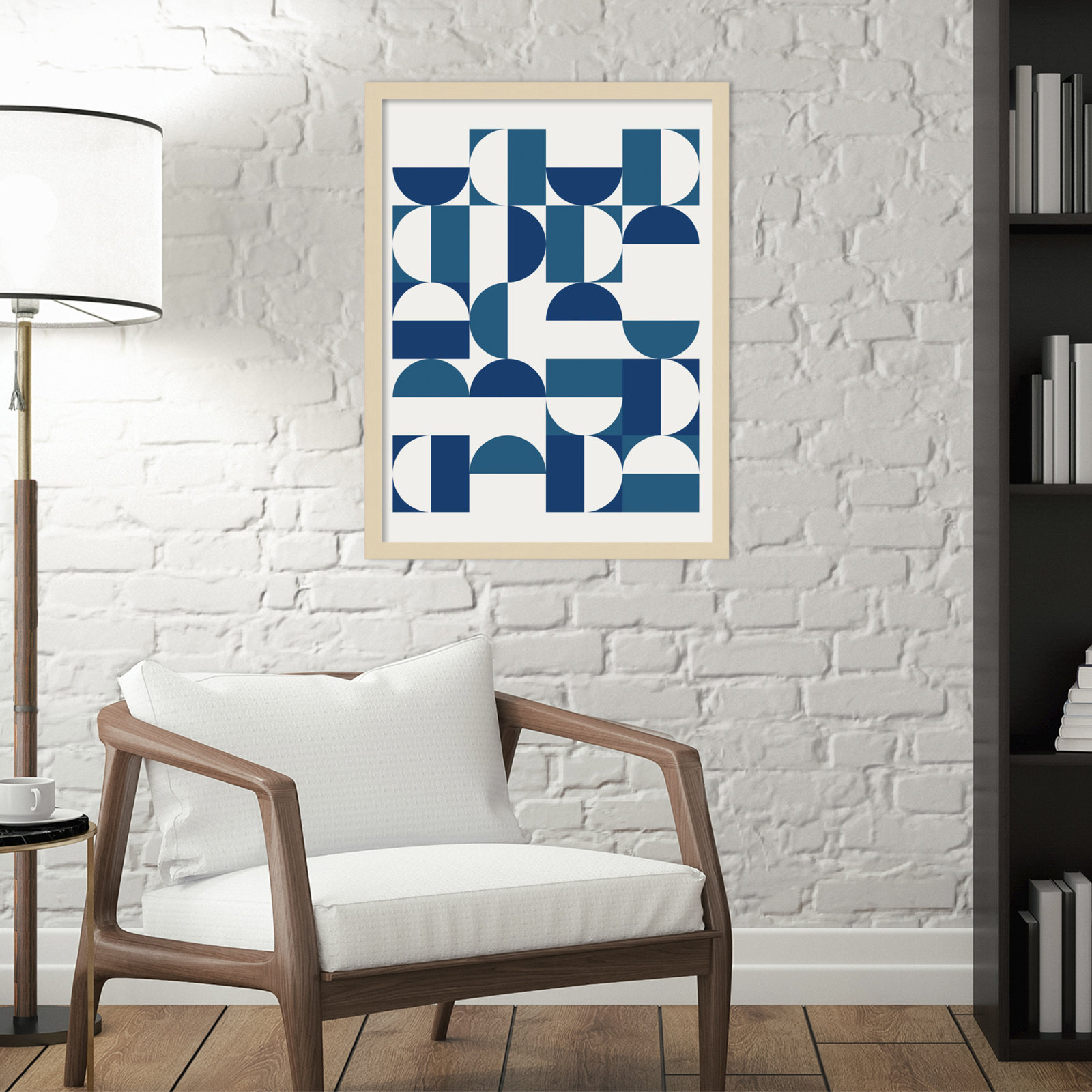 Bauhaus Geometric Blue and Teal Print, Brown, 25" H x 19" W x 1" D