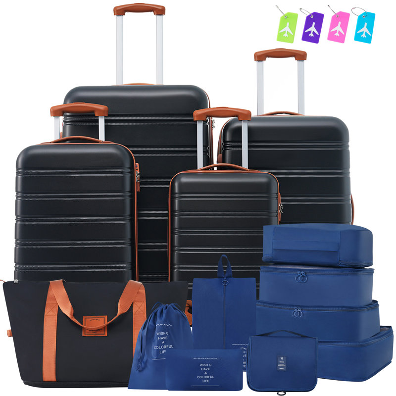 Valise Hardshell 4 pièces + valise à roulettes avec verrou TSA - 16 "+ 20" + 24 "+ 28" bagages, Noir et brun