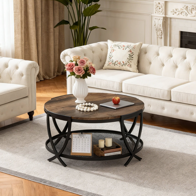 Aumiller 34" Round Coffee Table with Open Storage and Cross Metal Legs, Wood, Rustic Brown