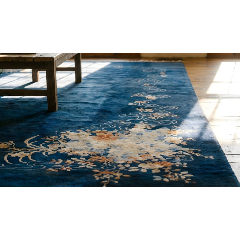 Antique Wool Hand Knotted Pile Blue 1920s Rug