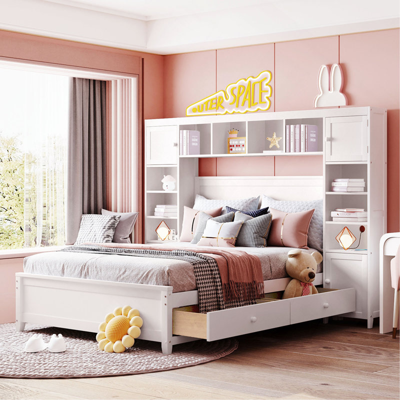 Lit double en bois avec armoire et tablette tout-en-un, blanc, Bois massif / bois manufacturé, Blanc