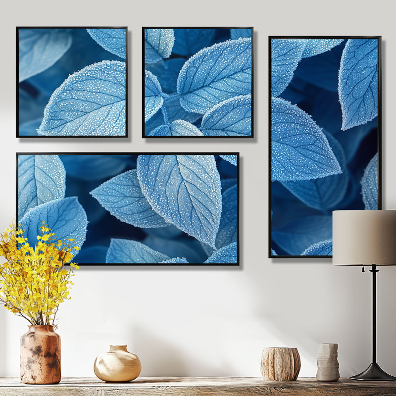 Frost Blue Leaves Tranquility II - Art mural floral grand 4 pièces, Impression encadrée sans passe-partout, Noir