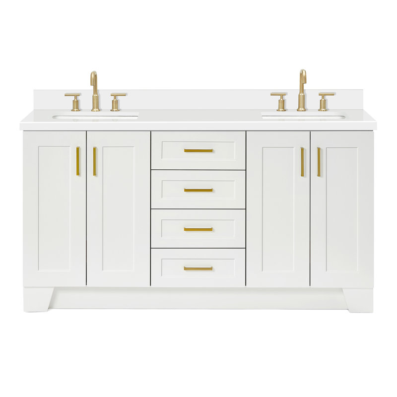 Freitas 67'' Solid Wood Double Bathroom Vanity in White with 1.5'' Pure White Quartz Top, Center, Rectangle Sink, White