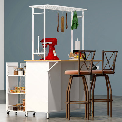 Îlot de cuisine avec espace de rangement, bar pour le petit-déjeuner avec panneau rabattable pliable, grandes tablettes et tiroirs de rangement, grande table basse avec crochets