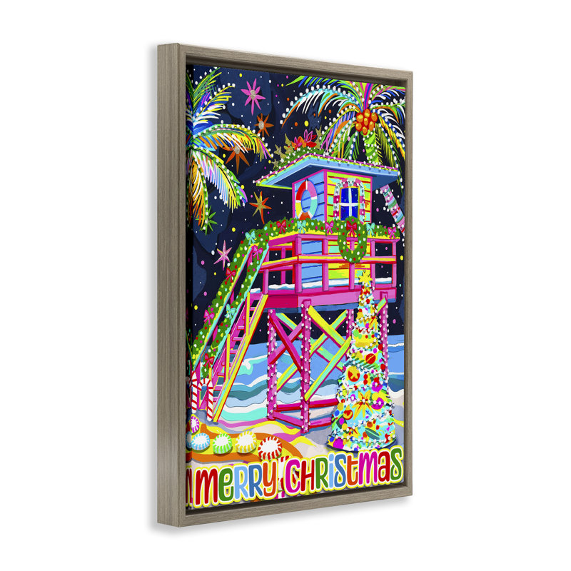 Toile de Noël fantaisiste bord de mer par Jess Stempel, Cadre flottant orme Montalcino, H 31 po x l 21 po