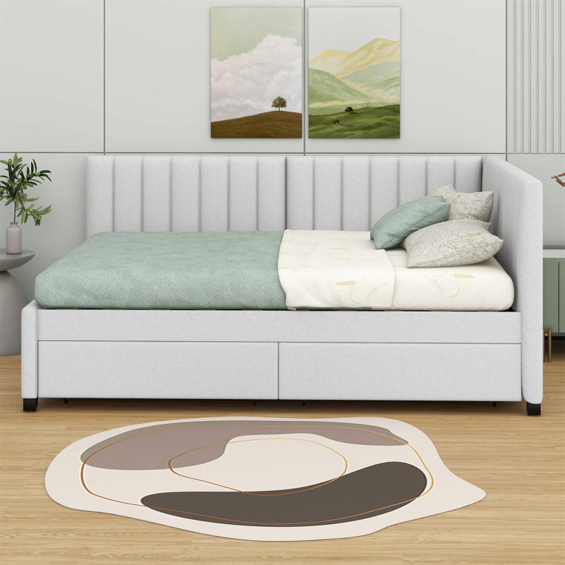 Full-Sized Upholstered Daybed Featuring Two Storage Drawers, Beige