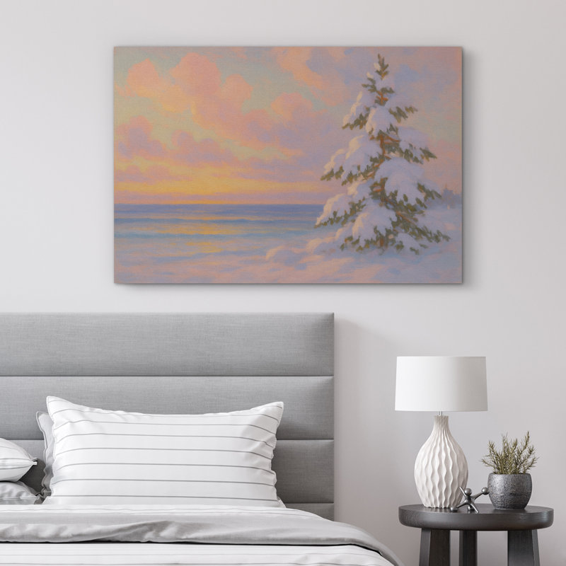 «Pastel Snowy Pine Tree by the Sea Sunset», reproduction d'art sur toile, impression sur toile, Toile tendue