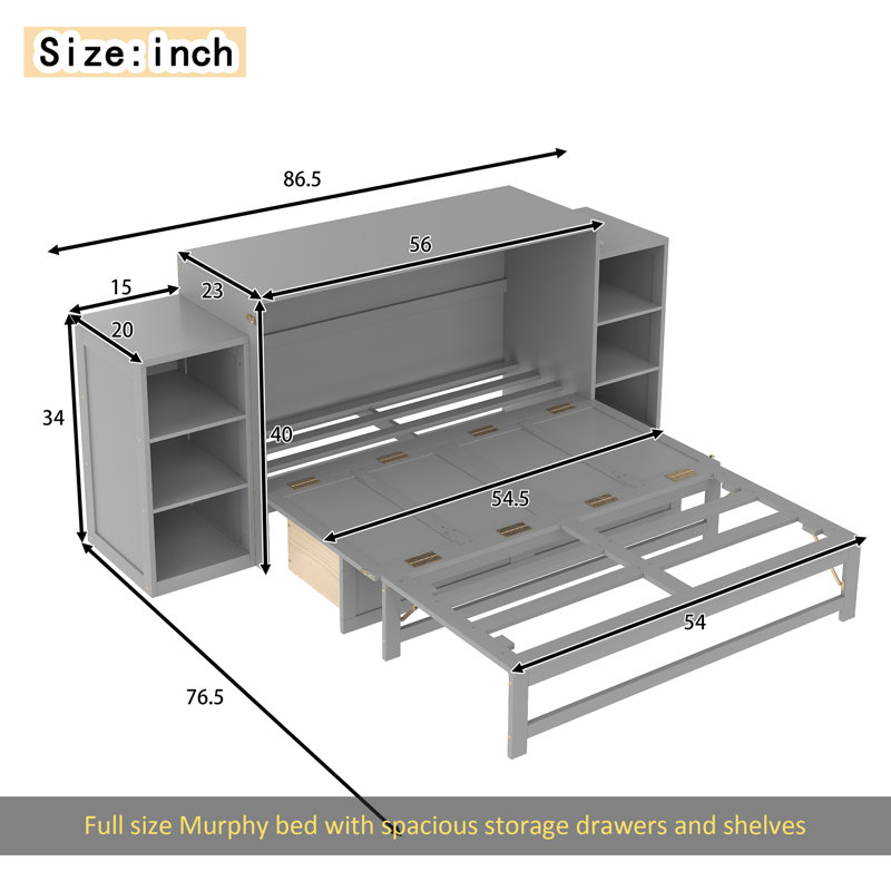 Lit escamotable double avec tiroirs et tablettes de rangement spacieux. Idéal pour les chambres d'amis ou les chambres compactes. Gris