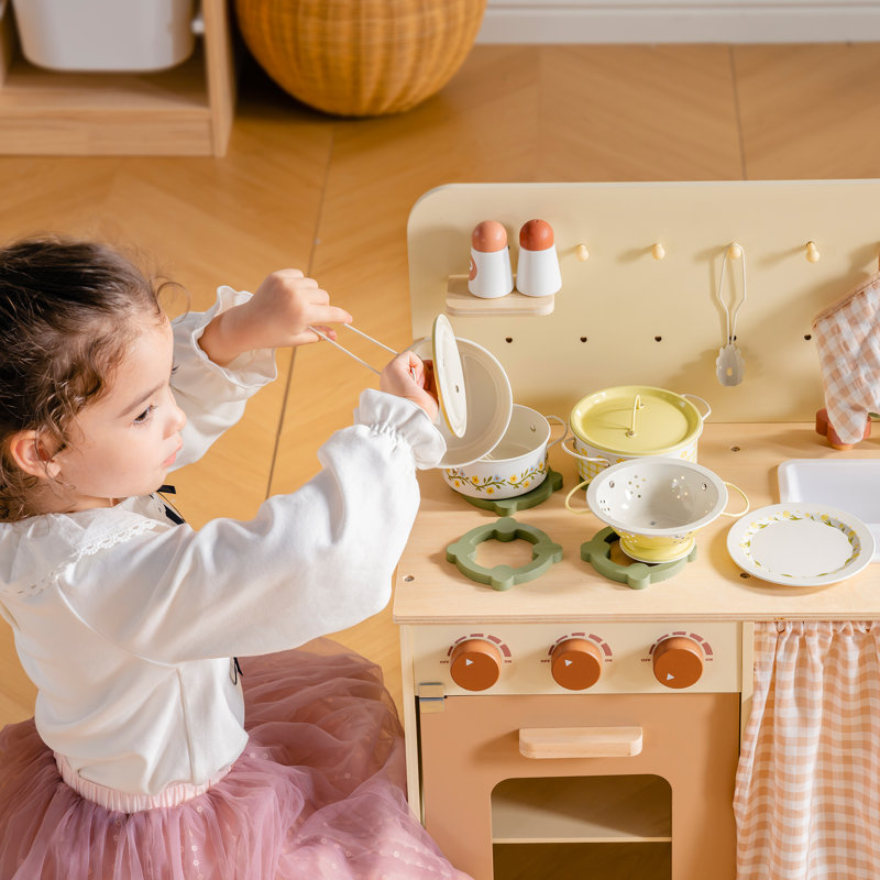 Pretend Play Kitchen Accessories Set with Metal Cookware, Cooking Utensils & Storage Bag, Yellow