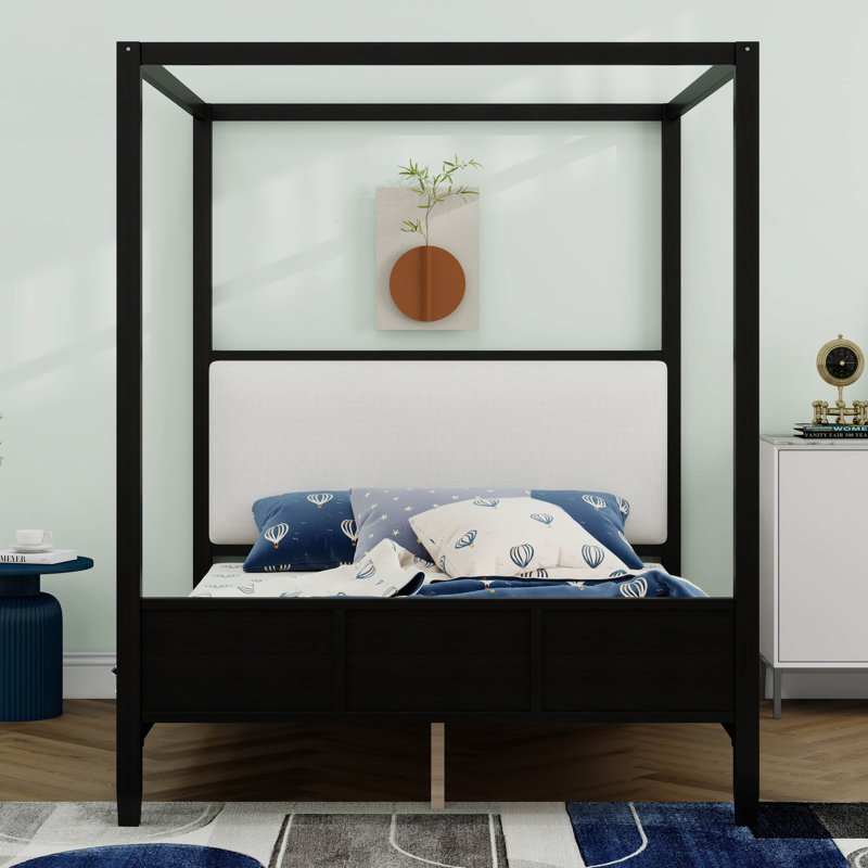 Lit à baldaquin en bois avec tête de lit tapissier, lit plateforme en bois avec 4 affiches, Queen, Black
