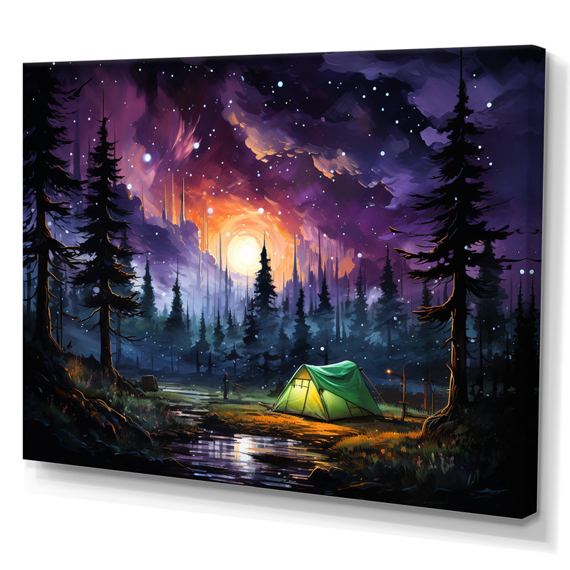 Northern Lights Camping Escape 1 - Art mural de voyage en camping, Toile tendue, H 34 po x l 44 po x P 1,5 po