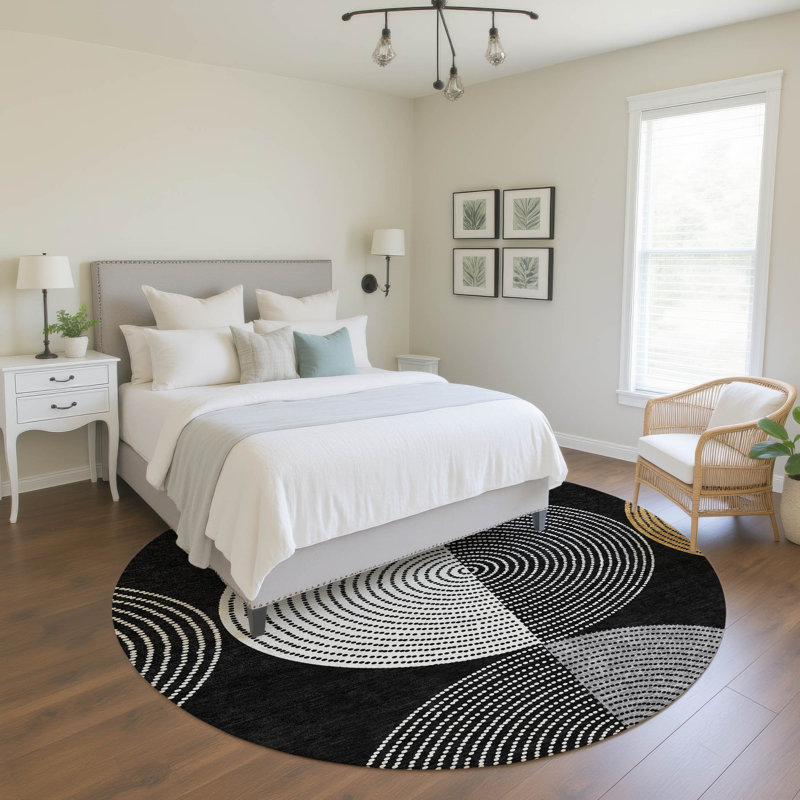 Premium Machine Washable Mayfield AMF2281 Geometric Rug, 8' Round, Black