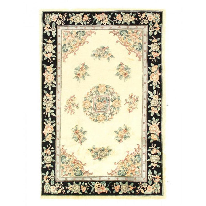 Tapis oriental noir / ivoire en coton / laine 8 pi 5 po x 5 pi 6 po Oriental