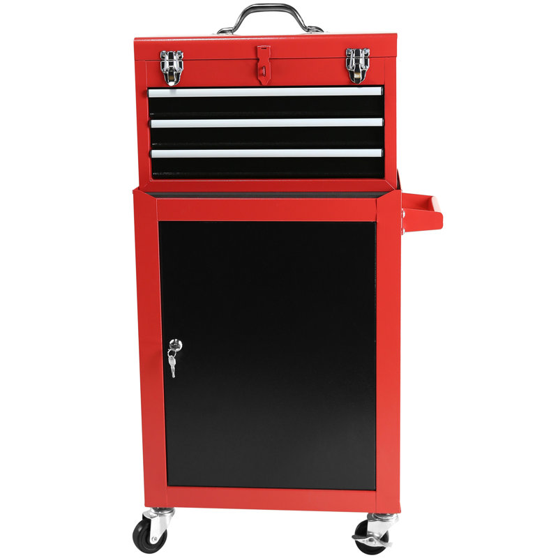 Coffre à outils à 3 tiroirs avec roulettes, coffre à outils avec grande armoire de rangement et tablette réglable, coffre supérieur portable amovible avec coffre à outils pour le garage, l'entrepôt