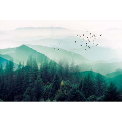 Misty Forest Trees Birds Leaves Natural Removable Wallpaper