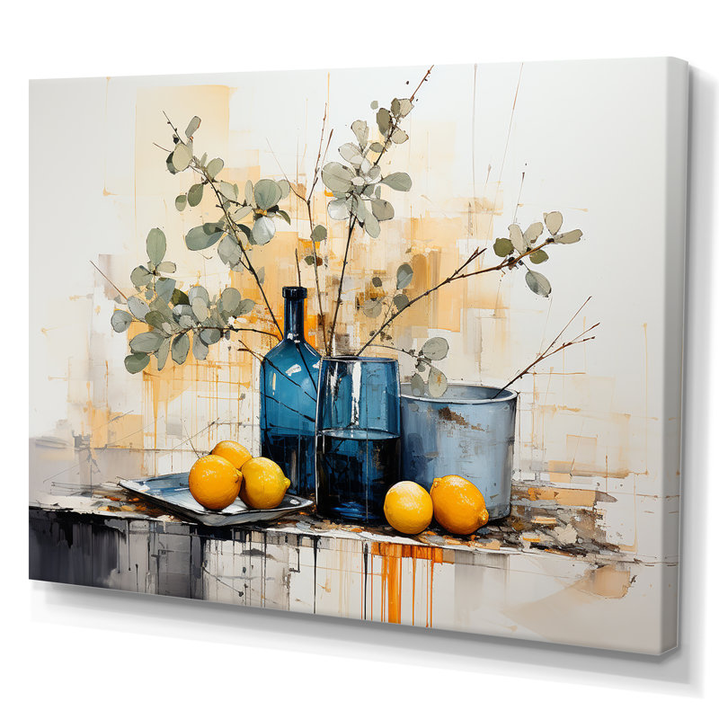 Bleu et jaune agrume Boho Pottery I - Boho Pottery, art mural, H 24 po x l 32 po x P 1 po, Toile tendue