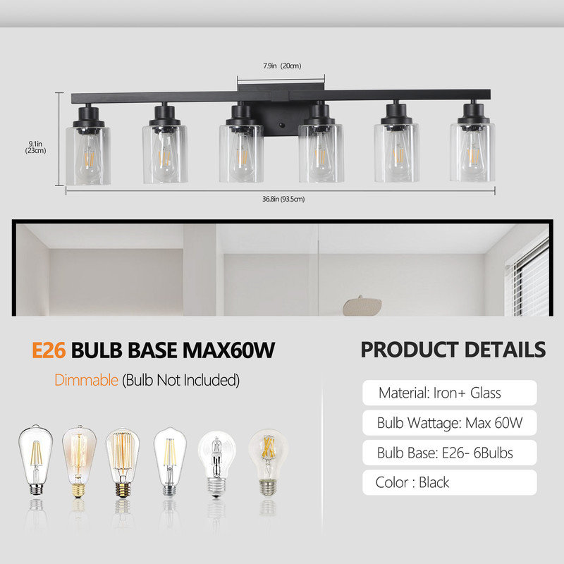 6-Light Modern Vanity Light Fixture with Clear Glass Shades, 9.1" H x 36.8" W x 5.7" D, 6 Lights