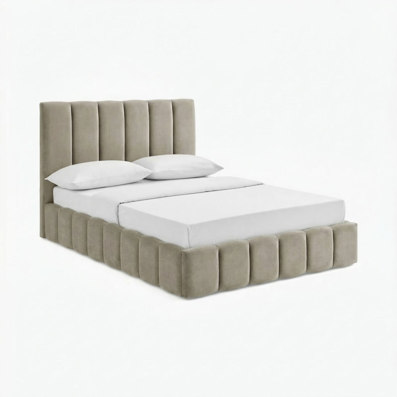 Rudasill Upholstered Ottoman Bed Frame - Vertically Stitched Contemporary Headboard, Taupe Velvet, King