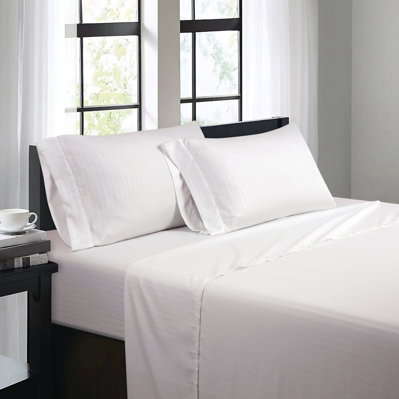 Ensemble de draps 4 pièces Bibb Home, Ensemble de draps pour grand lit avec 2 taies d'or, Blanc