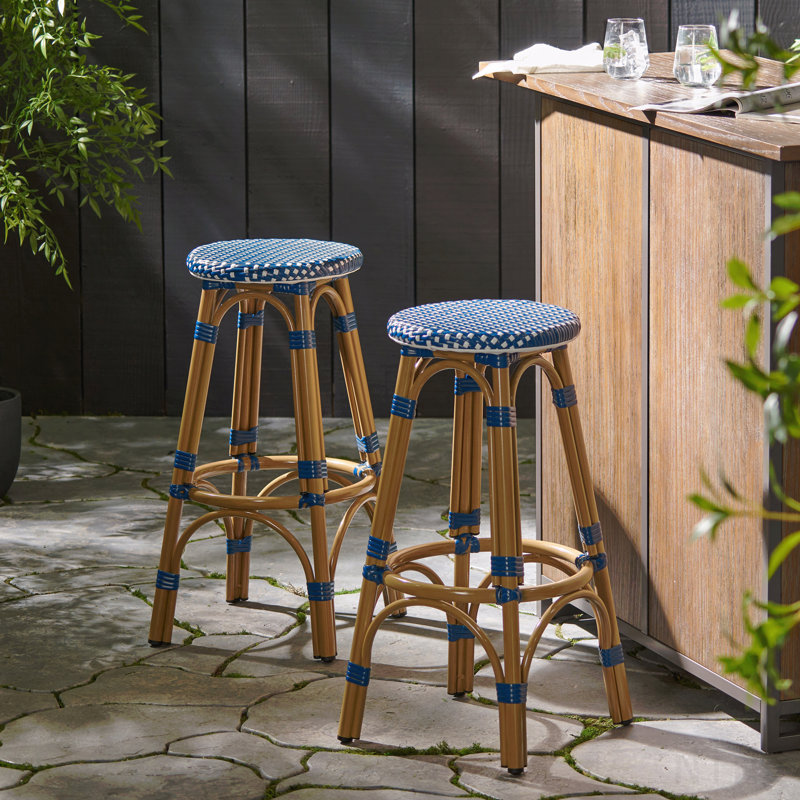 Outdoor Pe Ratten And Aluminum 29.5" French Backless Barstools, Set Of 2, Navy Blue, Bamboo Print Finish, Navy Blue