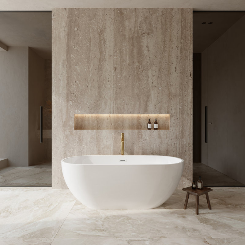 Brooklyn 67'' x 30'' Freestanding Soaking Acrylic Bathtub with Faucet, White with Shiny White Trim, Brushed Gold Faucet
