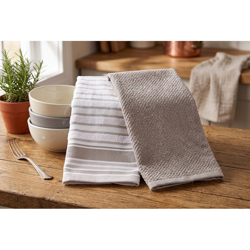 Lot de 2 torchons de cuisine gris anthracite, 100 % coton, absorbants, gaufrés et éponge, 40 x 60 cm, rayés et unis