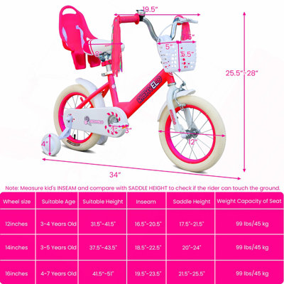 A1402 Kids Bike for Girls 12 14 16 Inch with Training Wheels, Adjustable Seat, Front Basket, Doll Seat & Colorful Streamers, Toddler Bicycle for 2-7 Years Old, Red Kids' Bikes for Birthday Gift