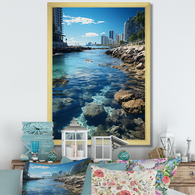 Derrynisk turquoise gris Miami Coastal Resilience - imprimé, H 32 po x l 24 po x P 1 po, Encadrement doré