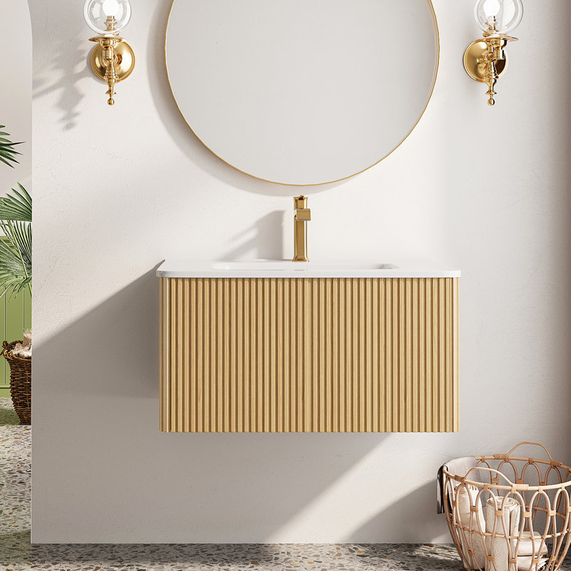 Meuble-lavabo simple mural et flottant avec lavabo en céramique, Naturel, 30"