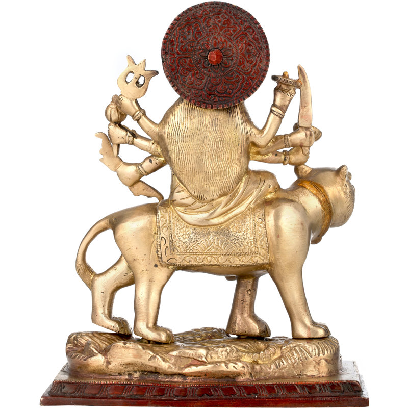 Durga en laiton, assise sur un lion, Brun / Doré
