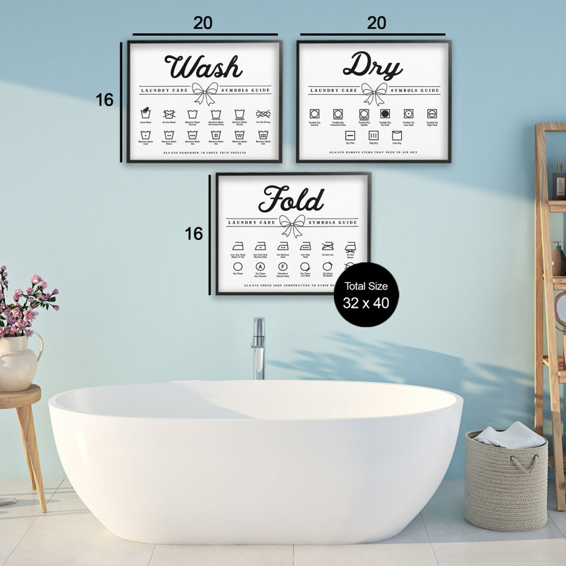 «Wash Laundry Symbols Bow Accent», ensemble de 3 giclées encadrées, design par lettré et doublé, H 16 po x l 20 po
