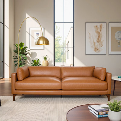 Solara Mid-Century Modern Leather Sofa with Walnut-finished Solid Wood Legs